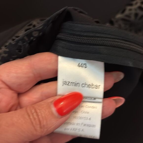 Jazmin Chebar black mini skirt with genuine leather laser cut trim, L - Picture 6 of 8